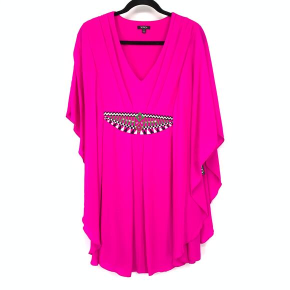 XOXO Kaftan Style Mini Dress Womens Size Medium Hot Pink Embroidered Detail - Picture 1 of 8